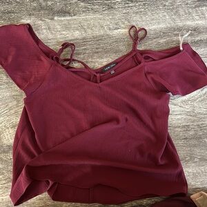 Moa Moa off the shoulder blouse spaghetti strap ruffle sleeve burgundy